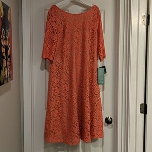 Coral Lace Knee Length Dress w/ Sleeves 20W